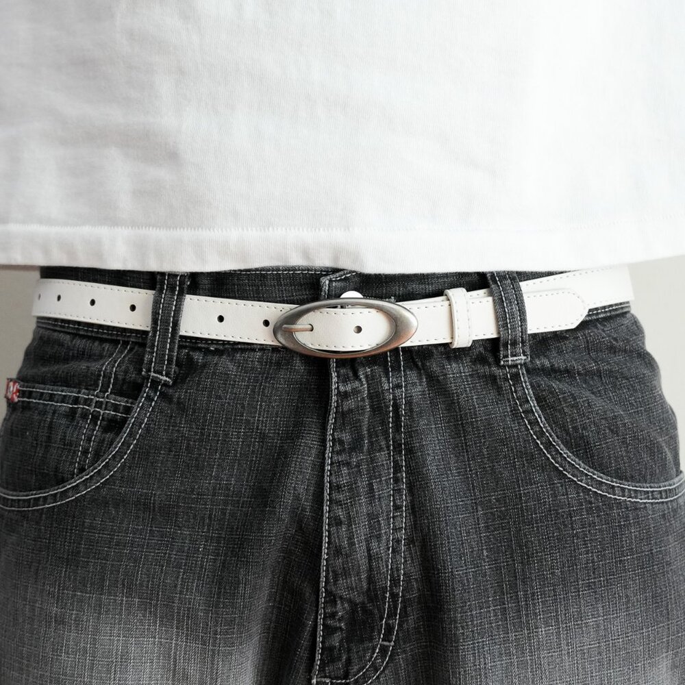 y2k oval buckle white leather belt — 2000s minimal style
